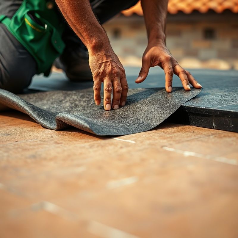 Detalle de manos aplicando membrana impermeabilizante EPDM sobre cubierta plana