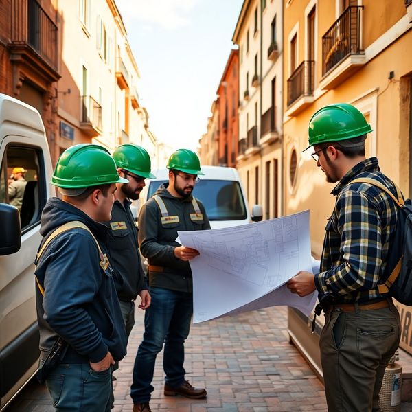 Equipo de Novaiastro con cascos verdes revisando planos junto a la furgoneta