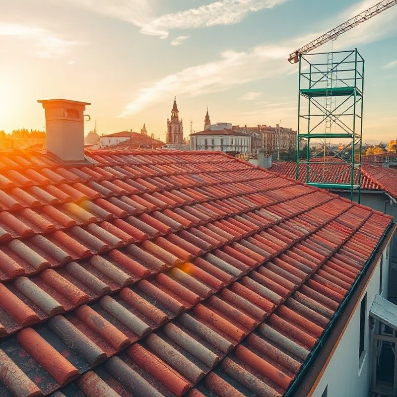Instalación de tejas nuevas sobre andamio en obra residencial de Zaragoza